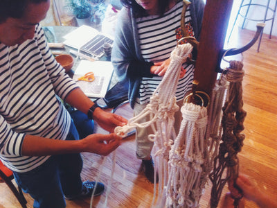 emily's first macramé workshop in her livingroom with Japanese magazine editors