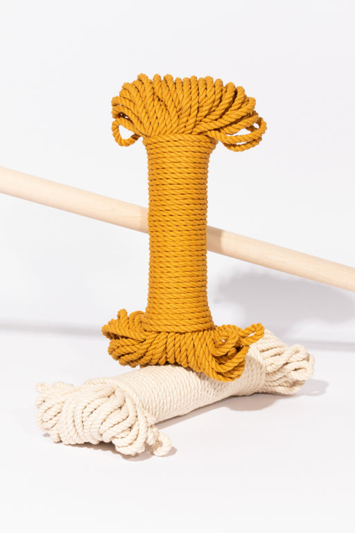 5mm cotton rope bundles for macrame in natural and mustard with wooden dowel