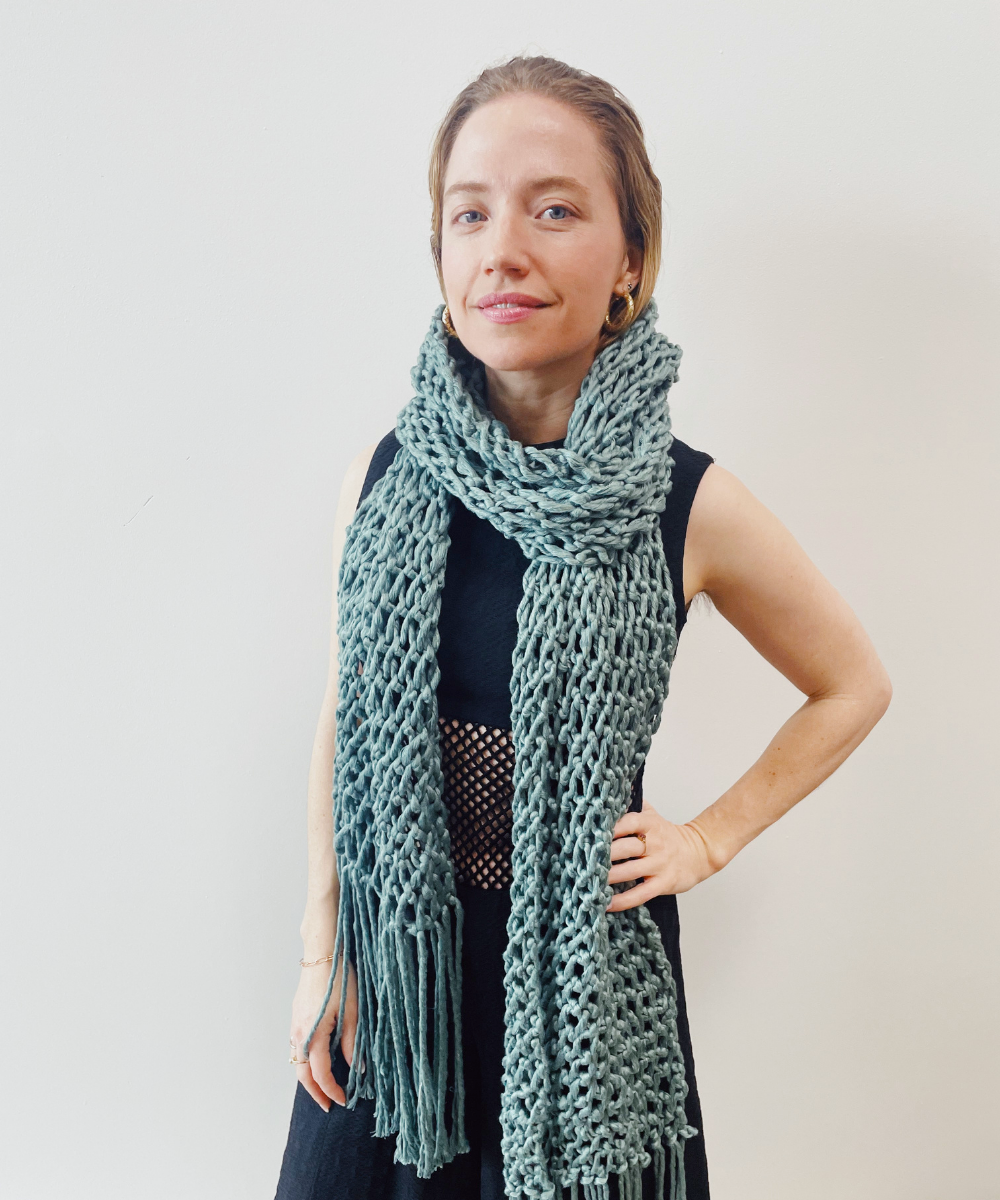 Elspeth showing the completed Criss Cross Wrap made with 5mm Bamboo String in Silver Fir