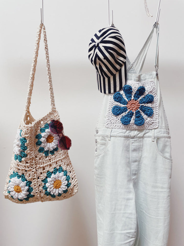 Flower Power Square on overalls and the Daisy Tote Bag 