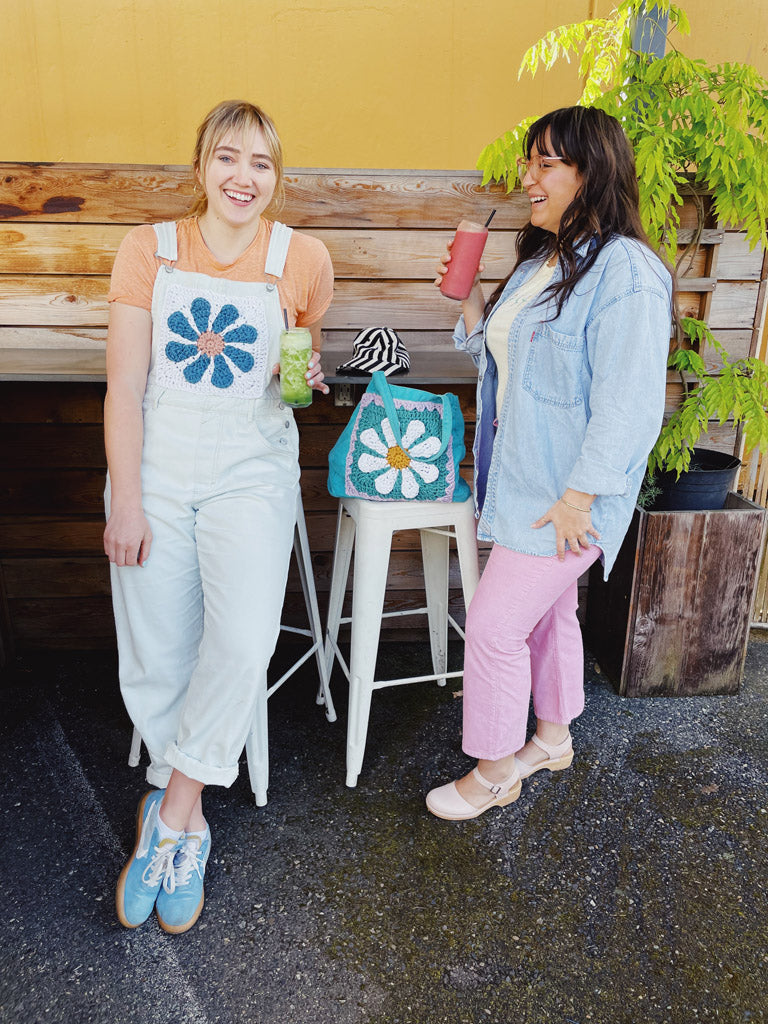 Flower Power Squares sewn onto overalls and a tote bag 