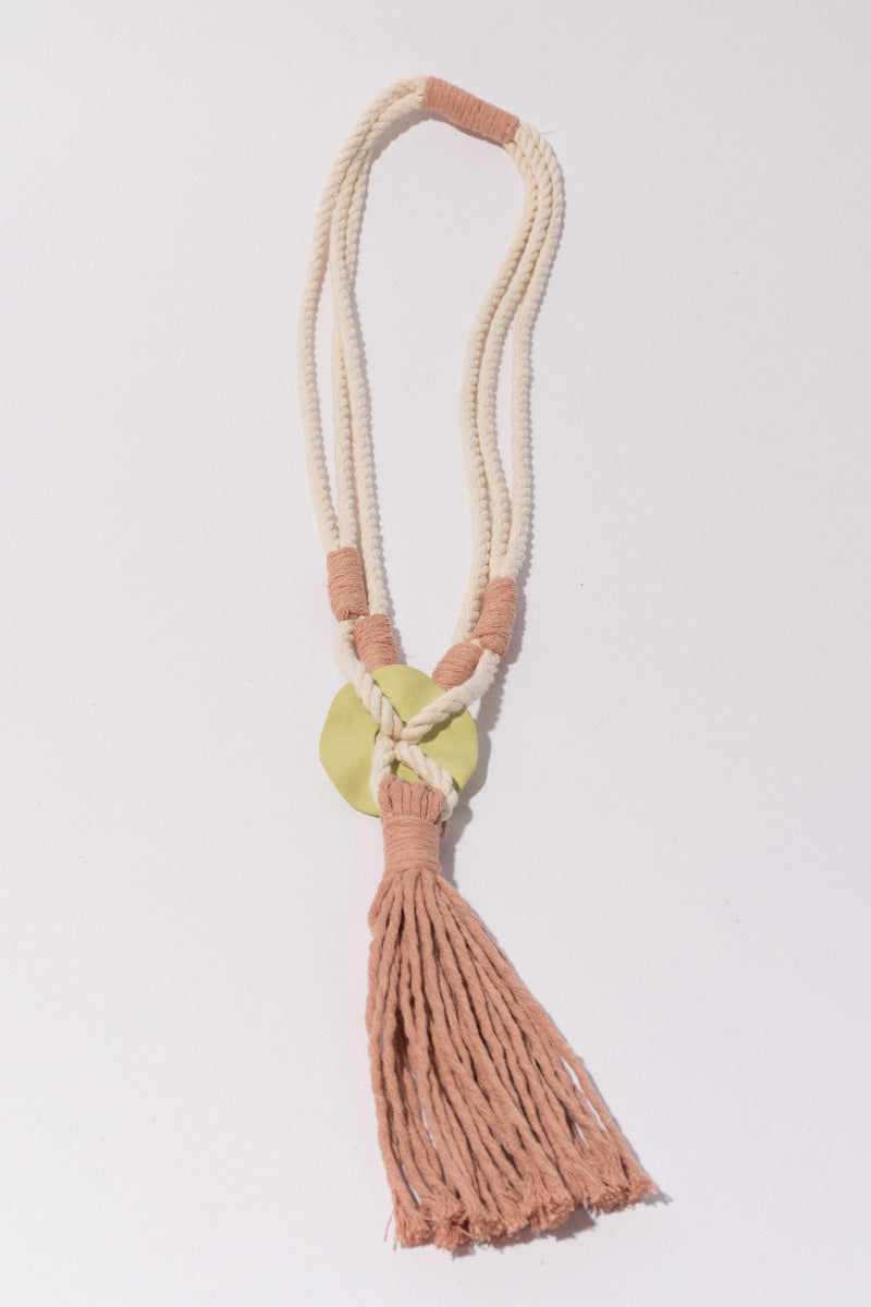 handmade fiber art necklace - glo and peach 