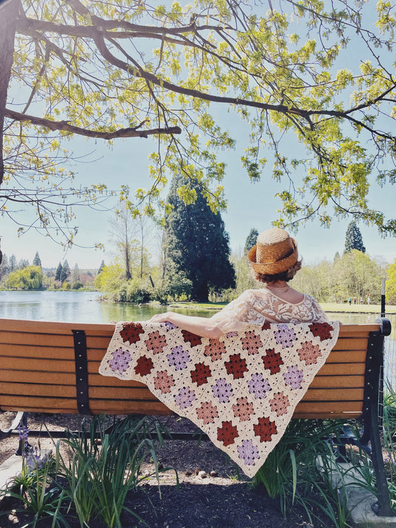 Perfect for an at the park the Crocheted Granny Square Blanket featured at Crystal Springs Rhododendron Garden 