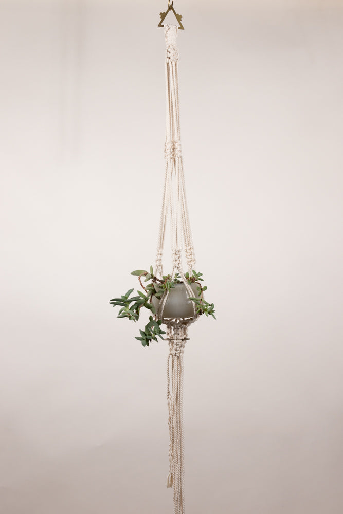 Plant hanger featuring ak studios brass beads as a hanger and basket support