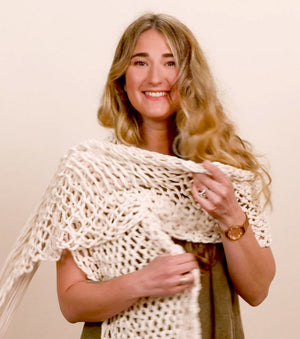 Emily with the completed criss cross wrap in 4mm Cotton Cord in Natural