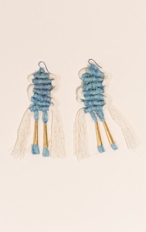 Squiggle earring, brass bugle beads, silk sari, and 4mm cotton cord